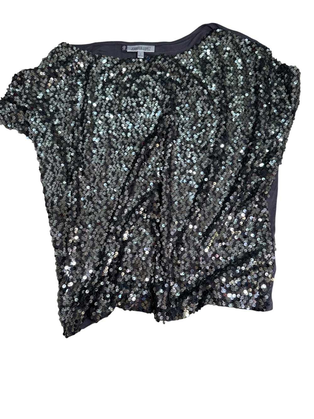 Jennifer Lopez Black Iridescent Sequin Short Sleeve Top
